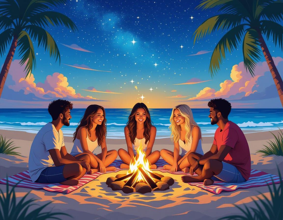 Friends Gather 'Round Bonfire Under Starry Sky