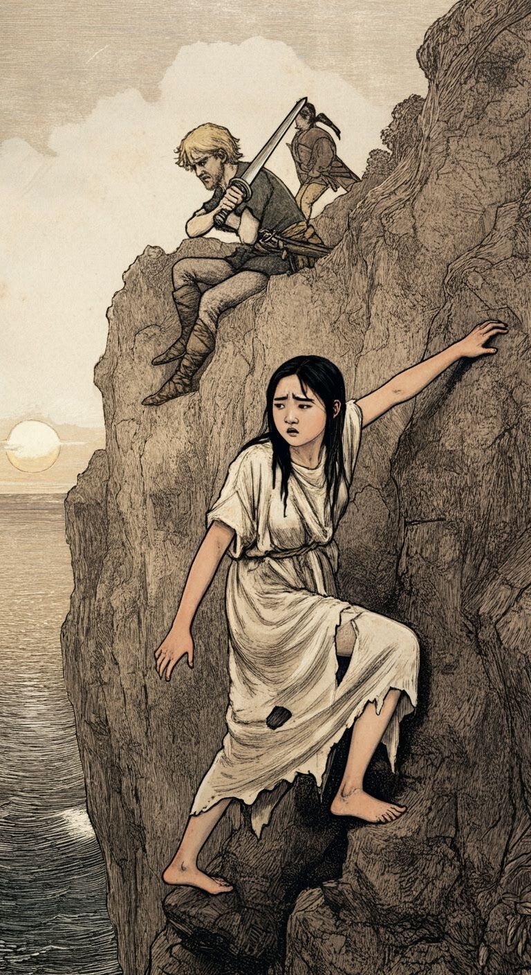 19th Century Etching: Girl Climbs Cliff with Rescuers