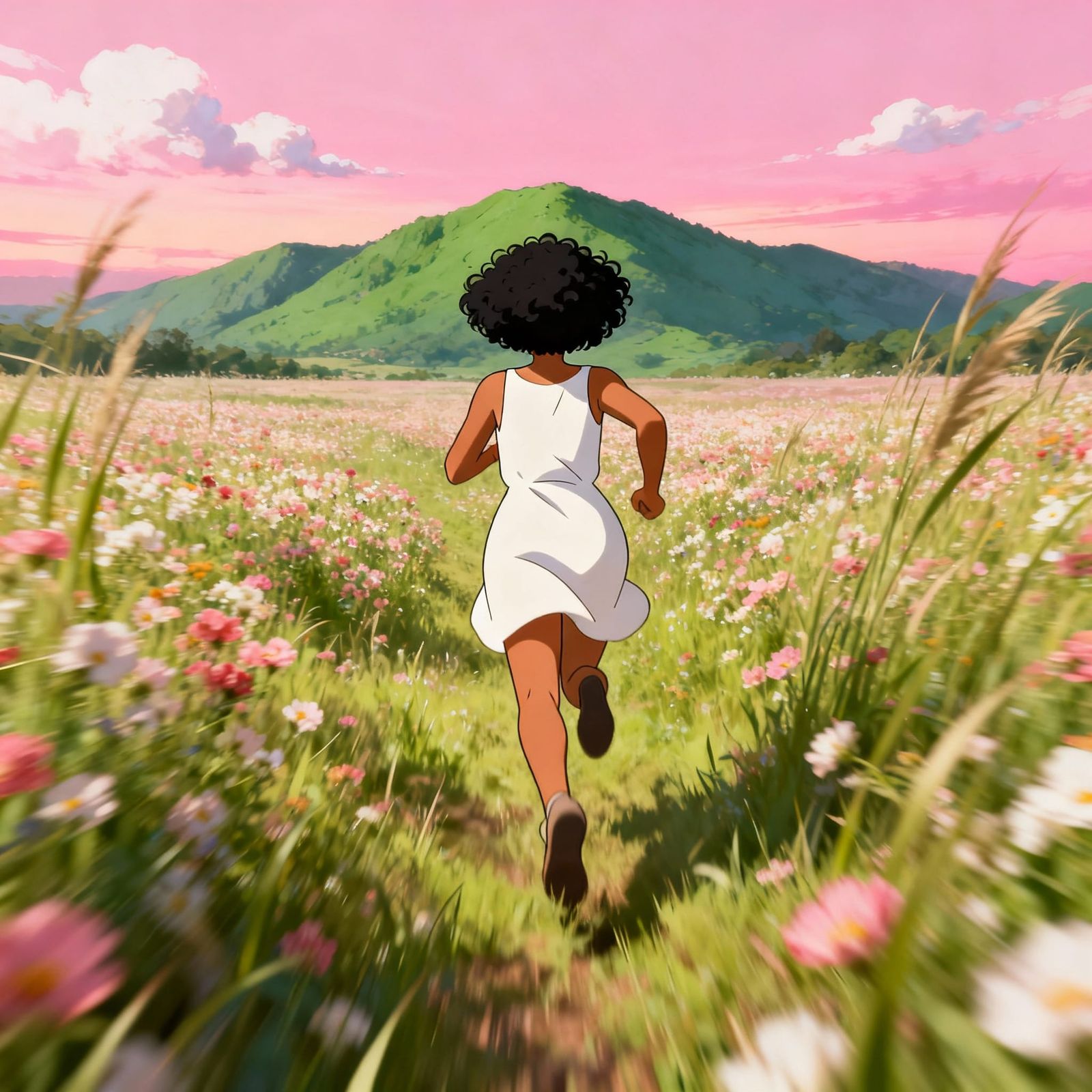 Woman Running Through Blooming Field at Dusk
