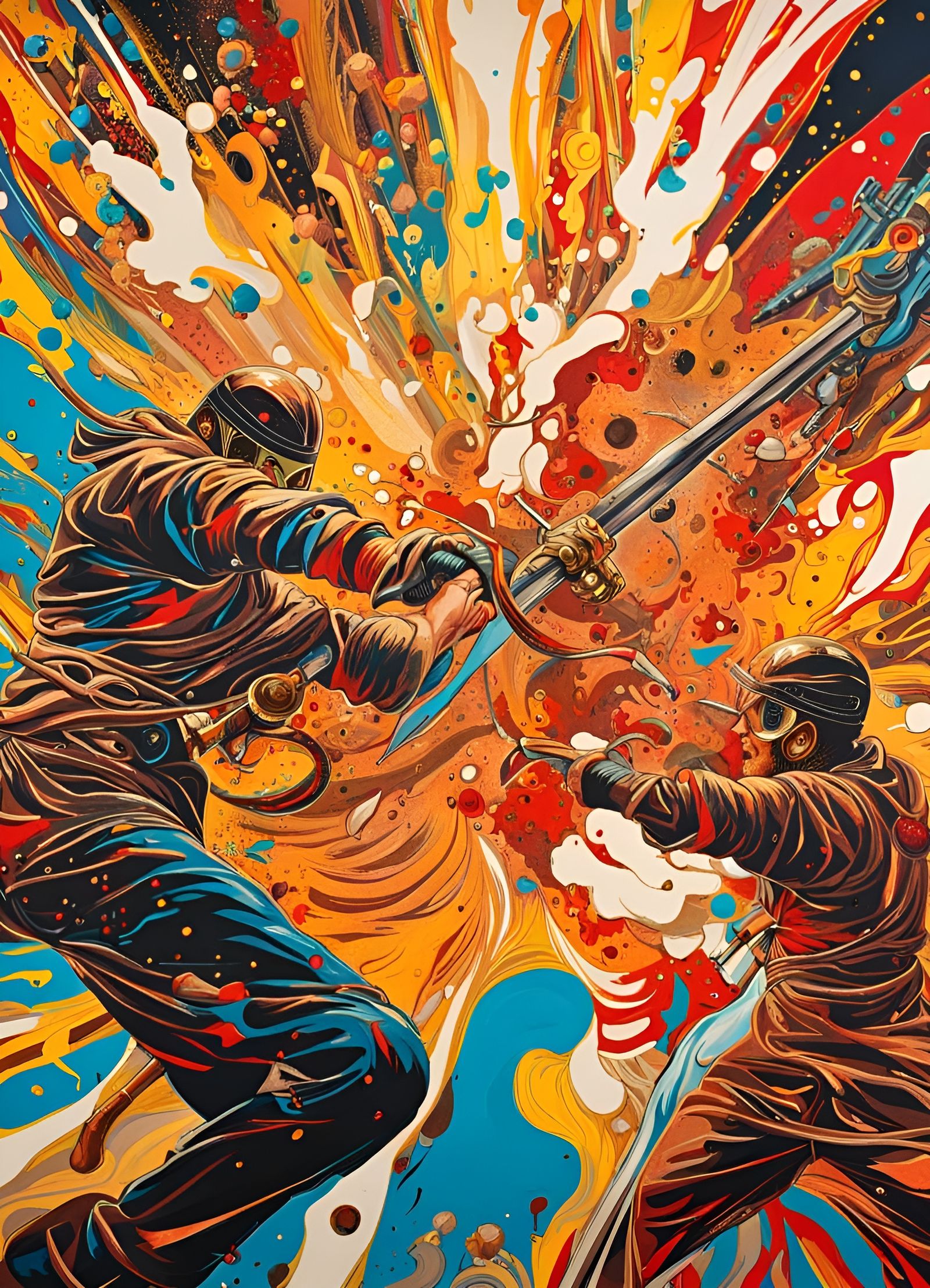 Explosive Sword Fight in Abstract Expressionist Style