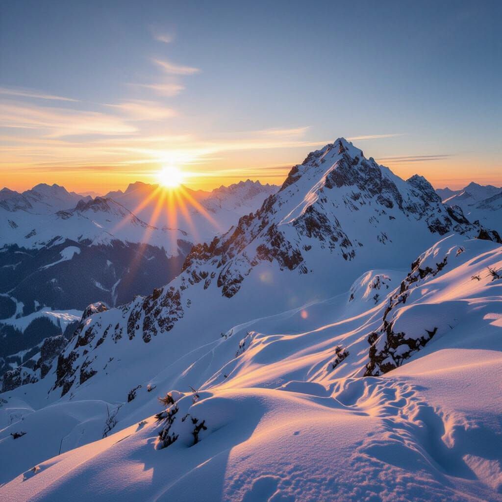 Snowy Mountains at Sunset: Golden Light Paints Majestic Peak...