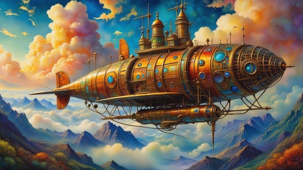 A majestic airship docks at a floating city high above the c...
