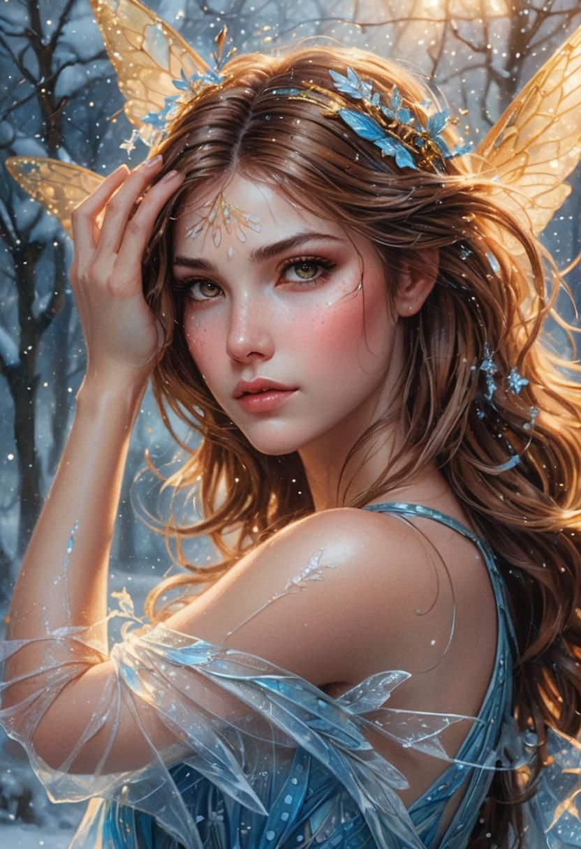 Snow Fairy Portrait with Sparkling Wings in Artgerm Style