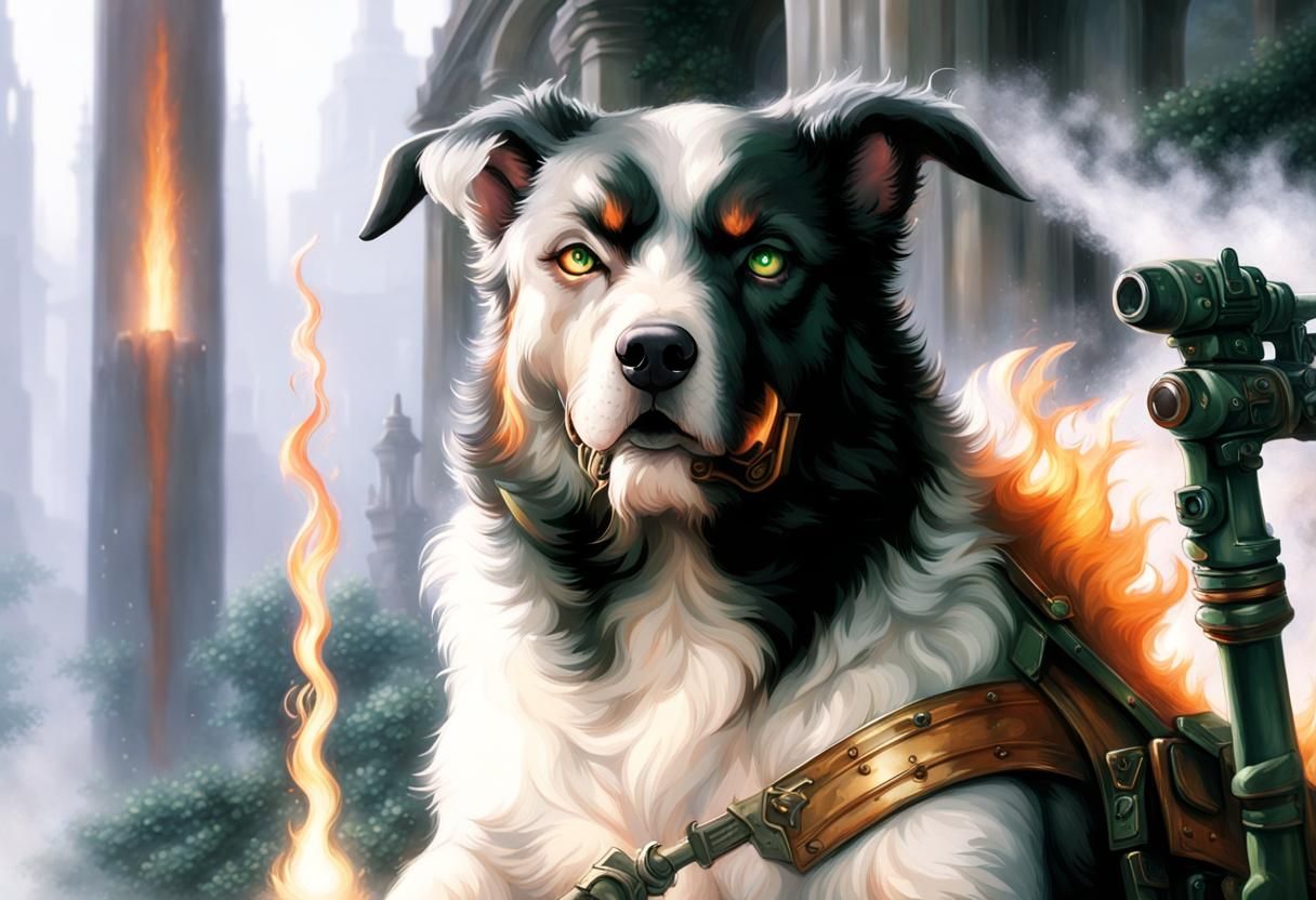 Compassionate Cerberus: Ethereal Fantasy Hunter with Flameth...