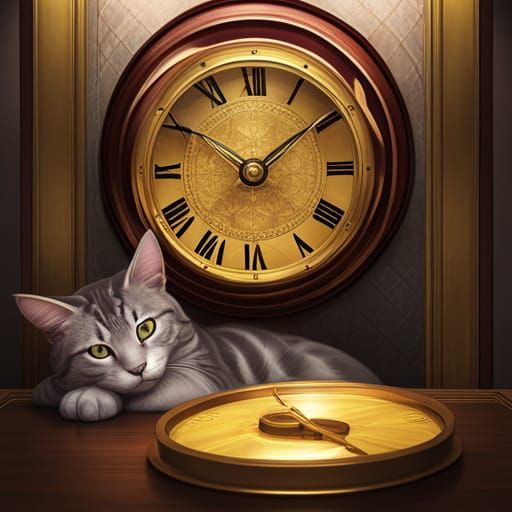 Cat Nap Portrait with Golden Clock, Hyperdetailed Art