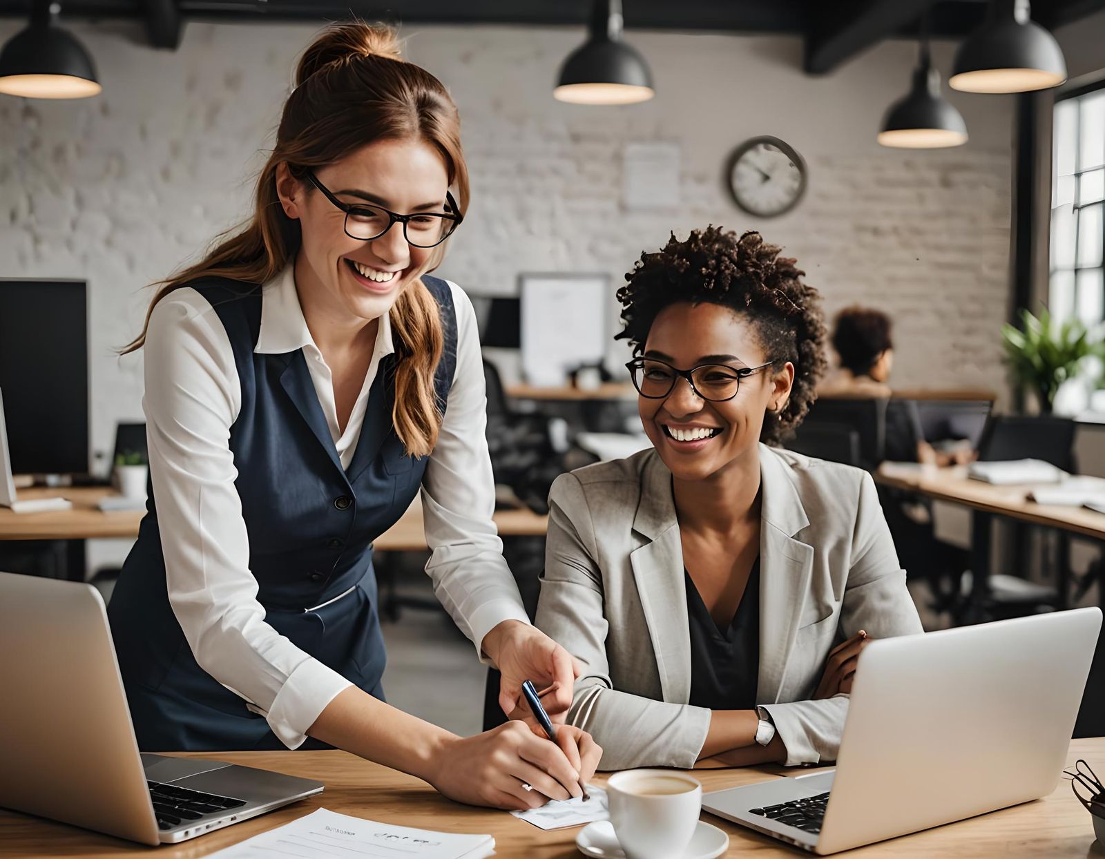 Smiling Employee Explains Workplace Etiquette at Laptop