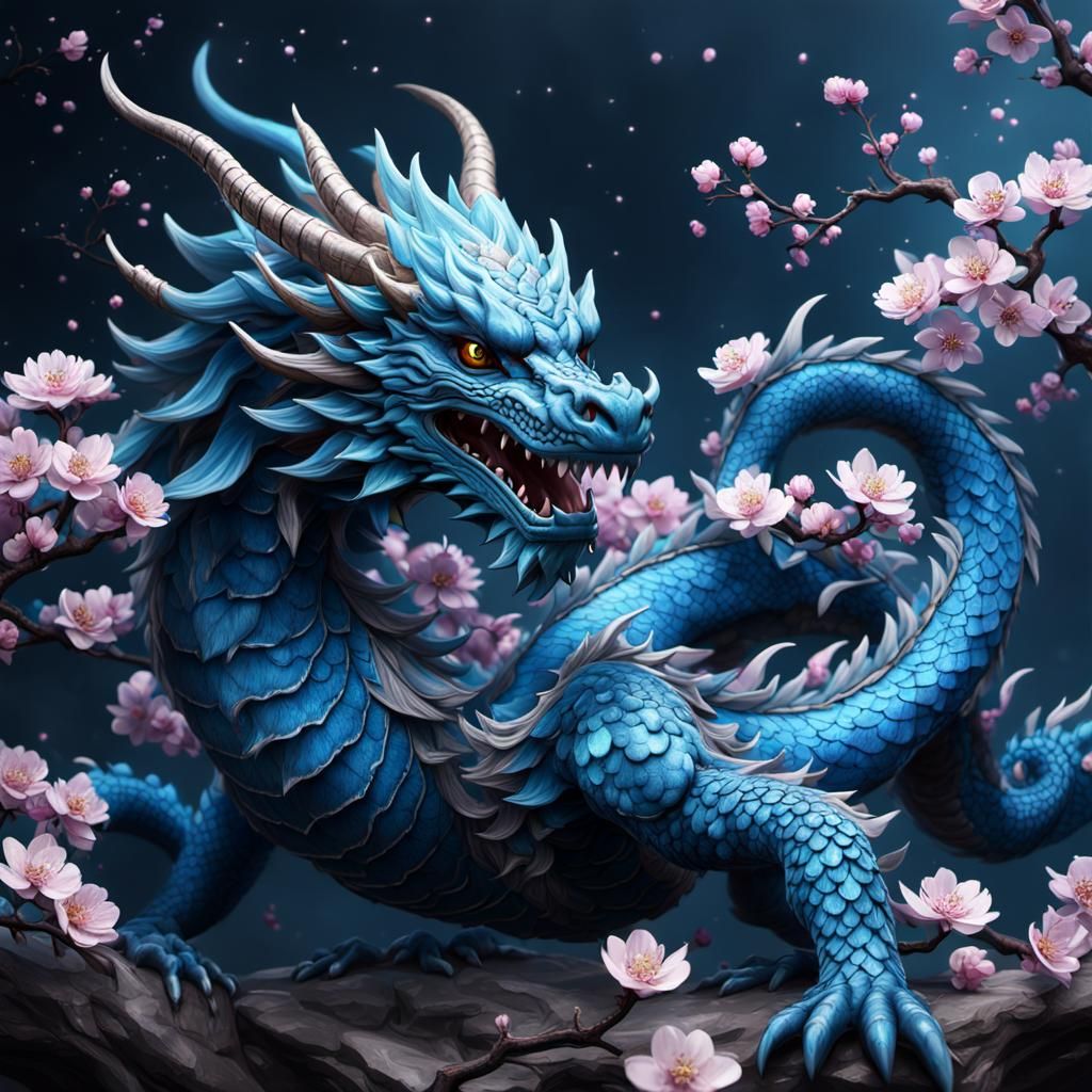Blue Cherry Blossom Dragon: Detailed Fantasy Art