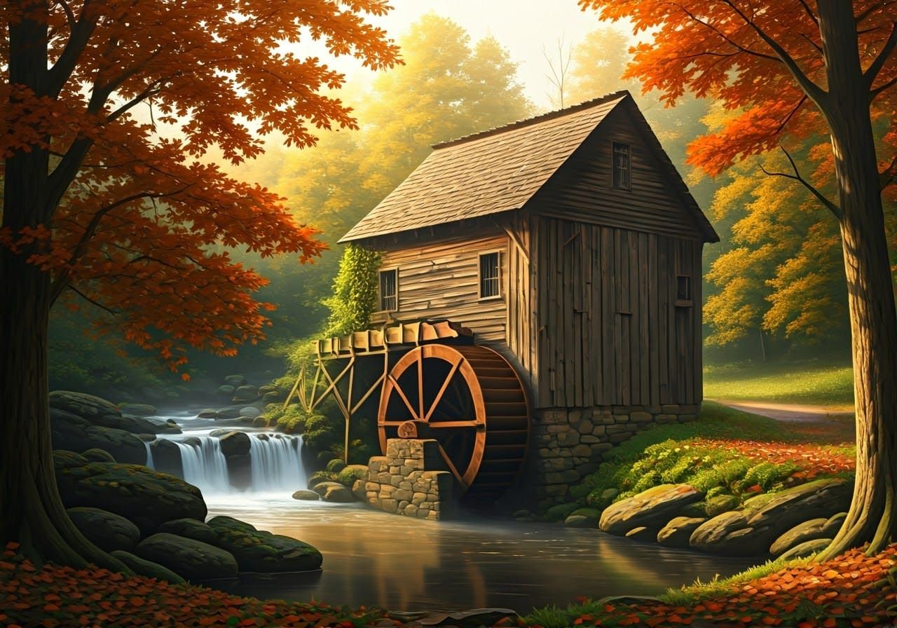 Rustic Autumn Mill Scene in Hudson River Style
