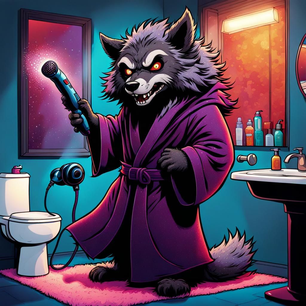 Chibi Werewolf Struggles with Blow Dryer in Chiaroscuro Comi...
