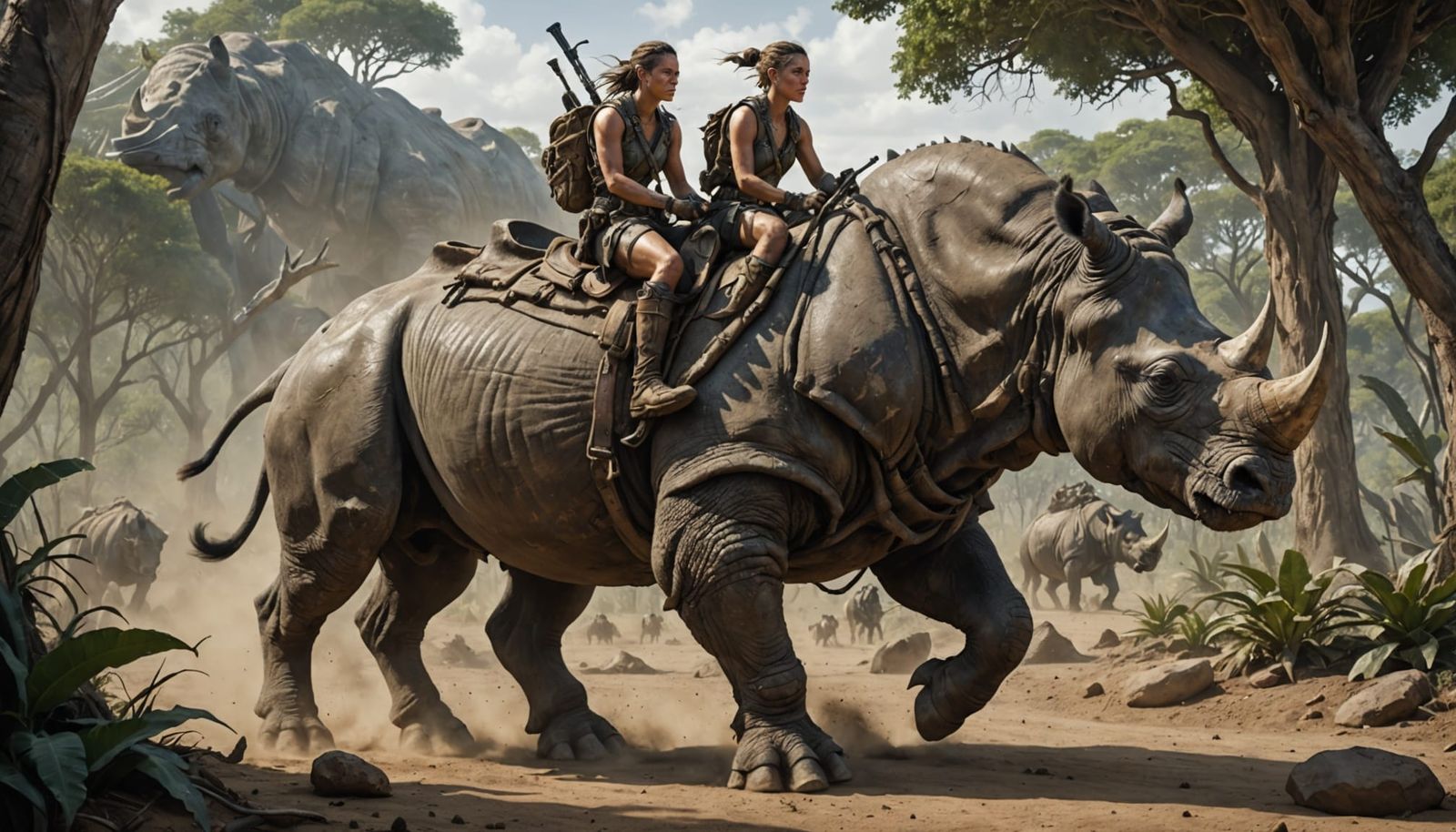 Hunter on Biomechanical Rhino in Hyperrealistic Jungle Scene