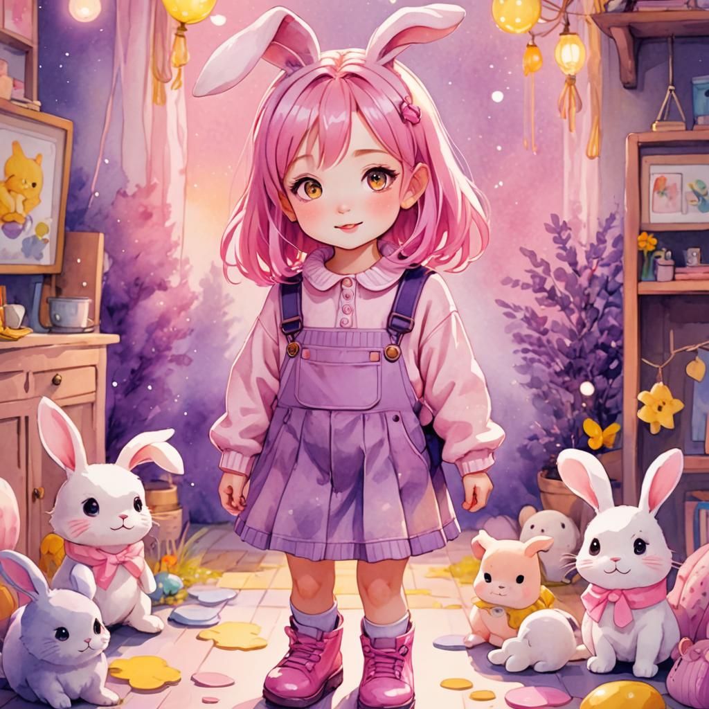 Kawaii Anime Girl with Bunny Ears in Watercolor Style