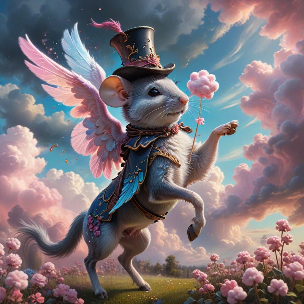 Whimsical Fantasy Creatures Soar in Vibrant Floral Wonderlan...