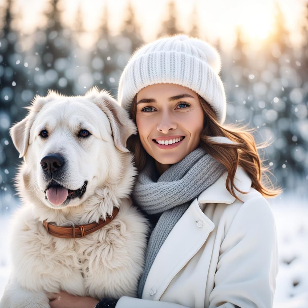 Woman and Dog in Winter Wonderland Portrait