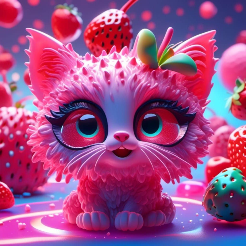 Strawberry Kitten: 3D Digital Art