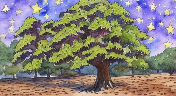 Incandescent Oak Starfield Watercolor Painting