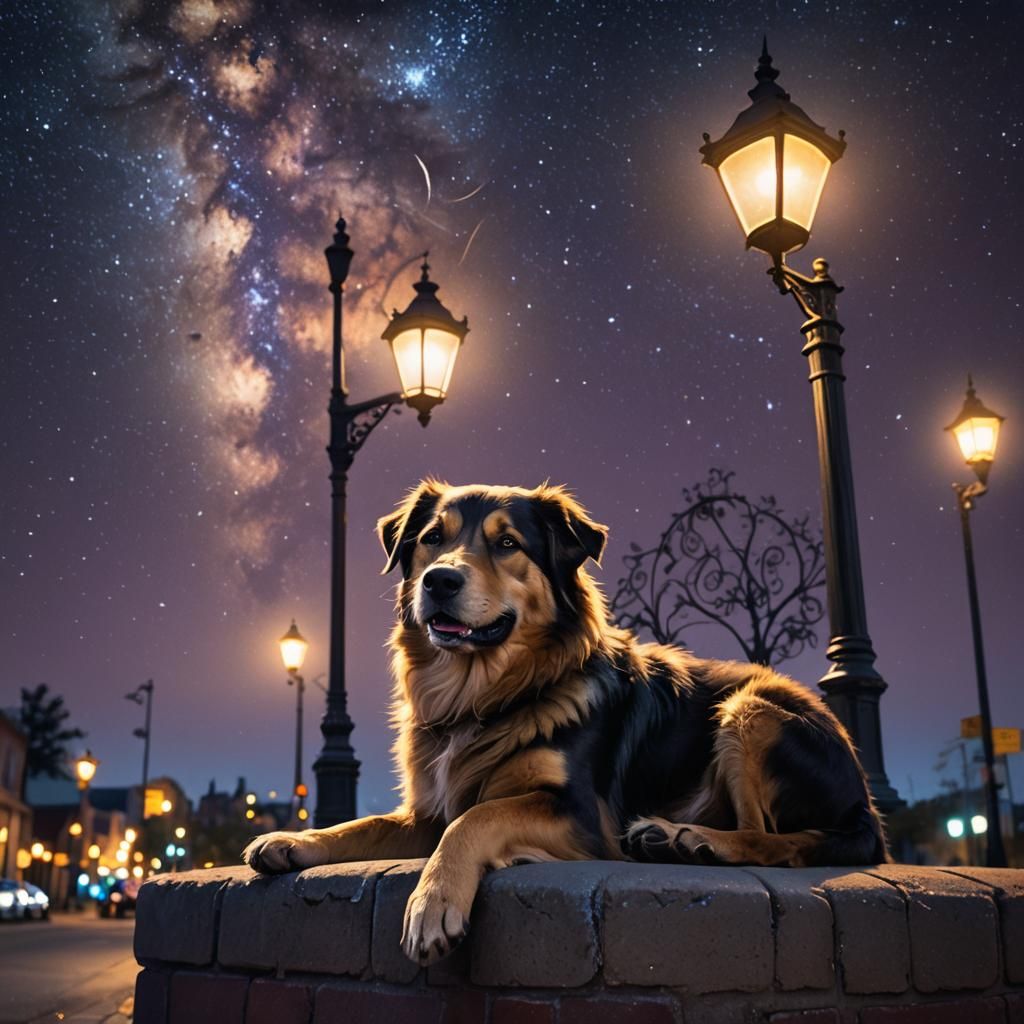Dog Sleeping Under Lamppost in Starry Night
