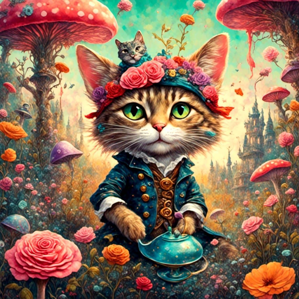 Pirate Cat in Wonderland Garden, Arthur Rackham Style