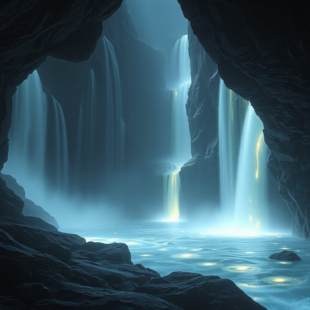Ethereal Waterfall Trails in Fantasy Concept Art Style