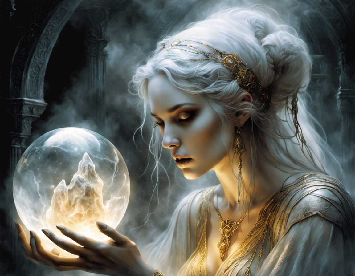 Seer Merging with Crystal Globe in Dark Fantasy Style