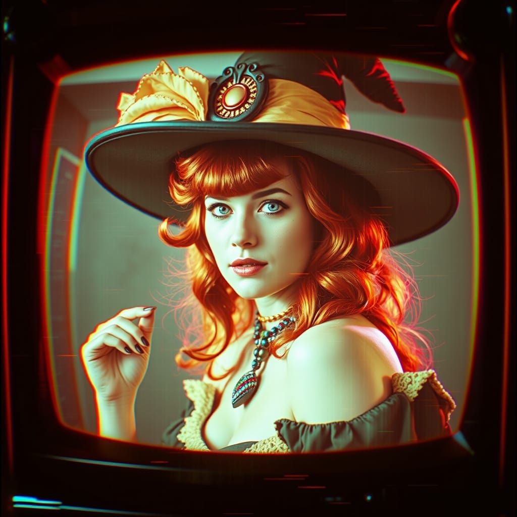 Retro Witch Portrait with Digital Glitch Art
