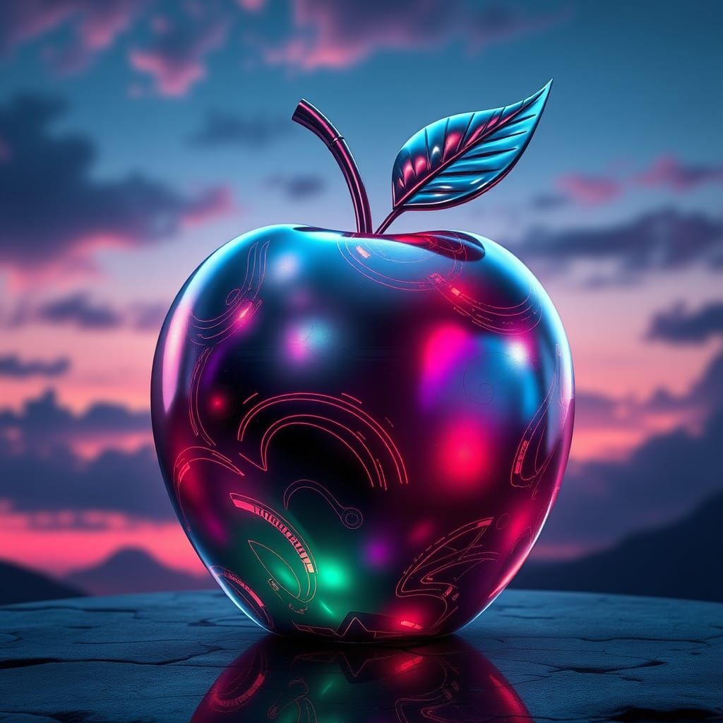 Futuristic Apple in Dreamlike Landscape