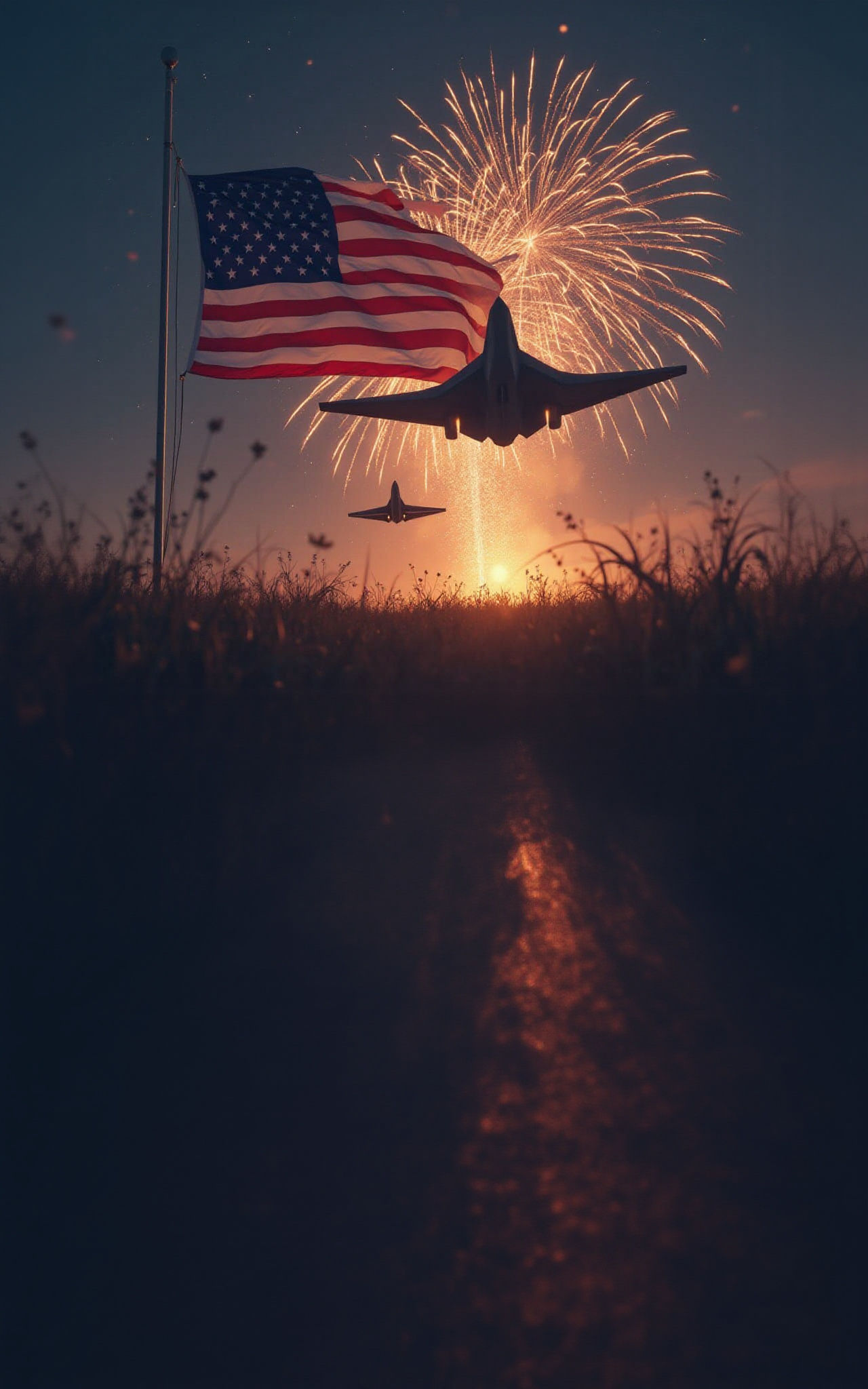 American Flag Fireworks with Bomber Flyover