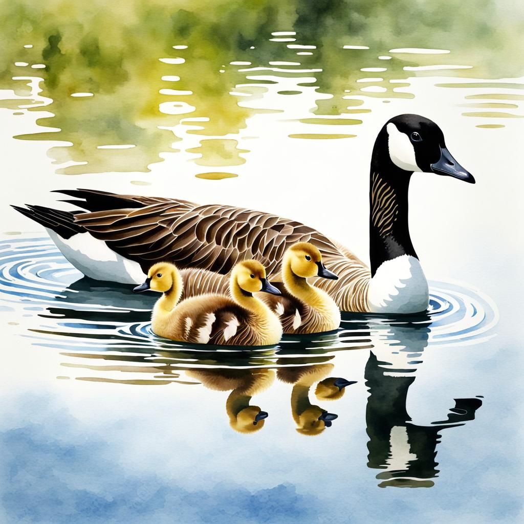Canada Goose Family in Watercolor Painting