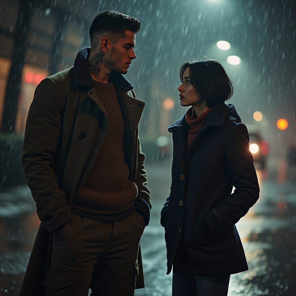 Tattooed Adonis Stares at a Haunted Beauty Under a Rainy Str...