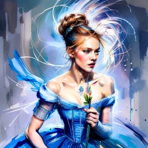 Cinderella Hoovering in Blue Gown: Hyperreal Digital Art