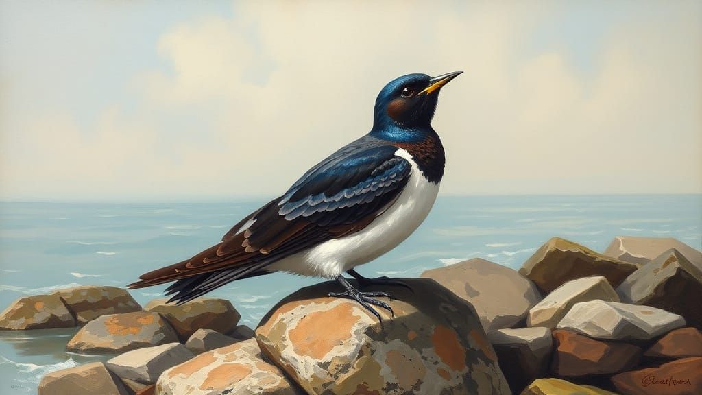 Gigantura Swallow on Rocky Shore as Oil Painting