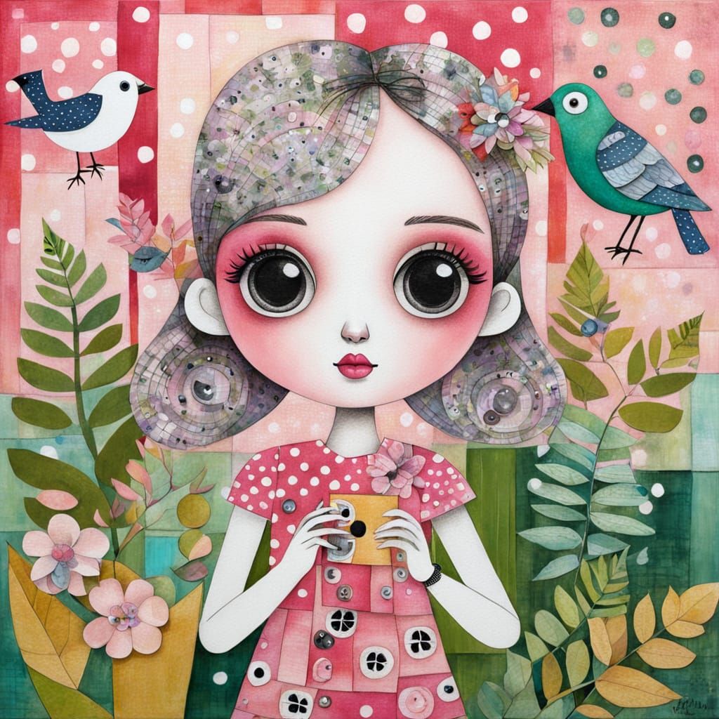 Cute Girl in Polka Dot Dress Holds Bird, Lowbrow Art Style