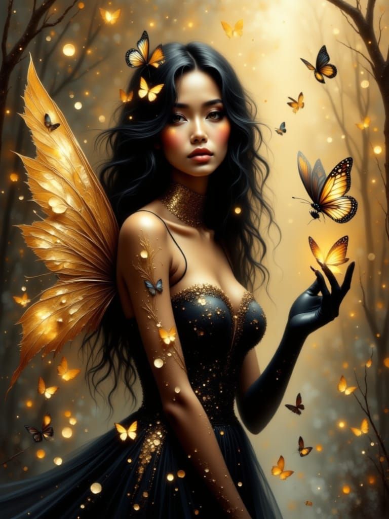 Ethereal Fairy in Black Dress with Gold Emblems