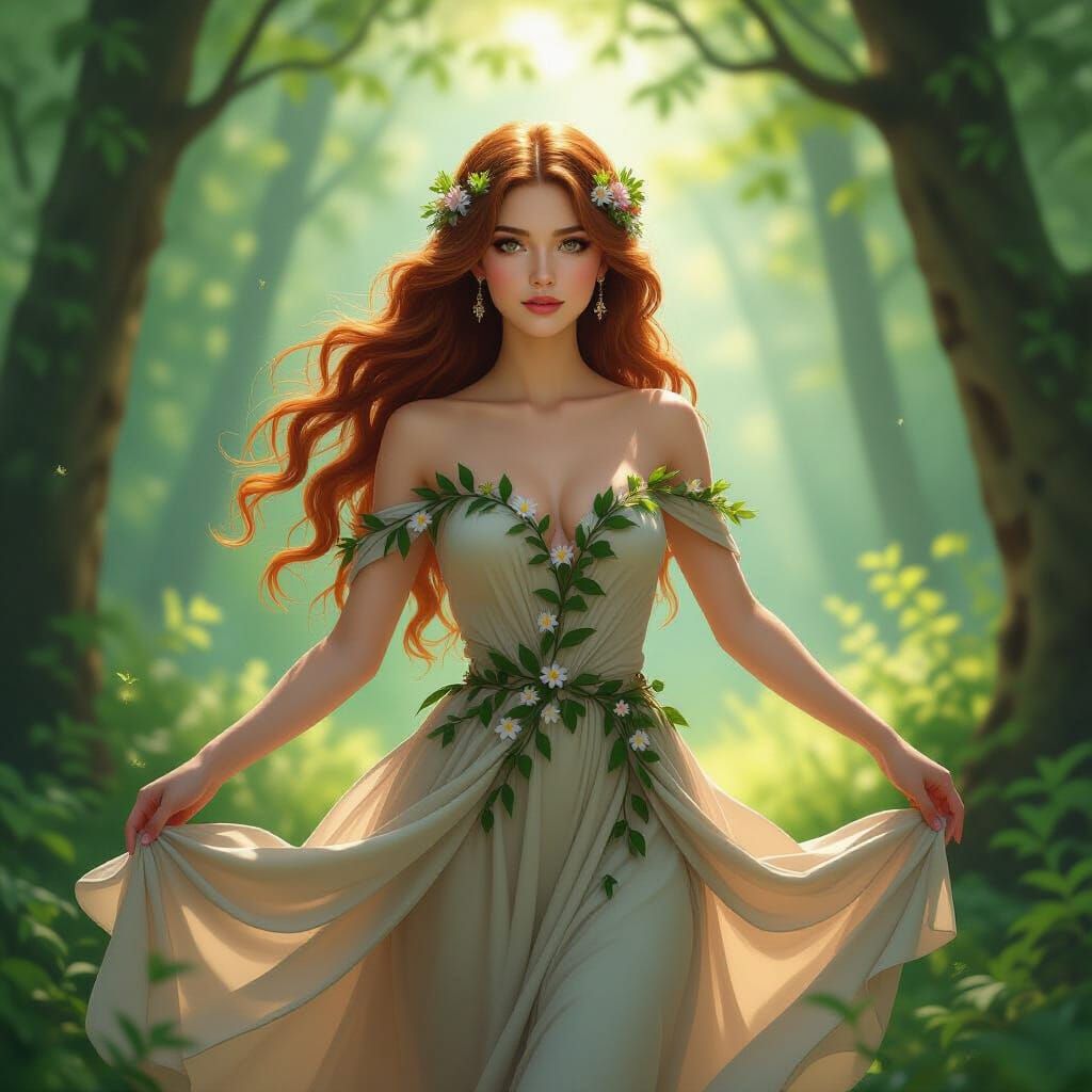 Auburn Haired Woman Dancing in Forest Glade