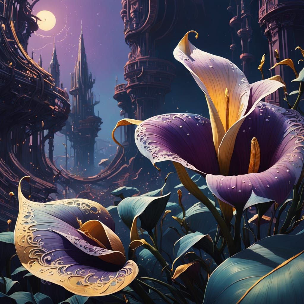Ethereal Calla Lily Branch in Vibrant, Surreal Landscapes