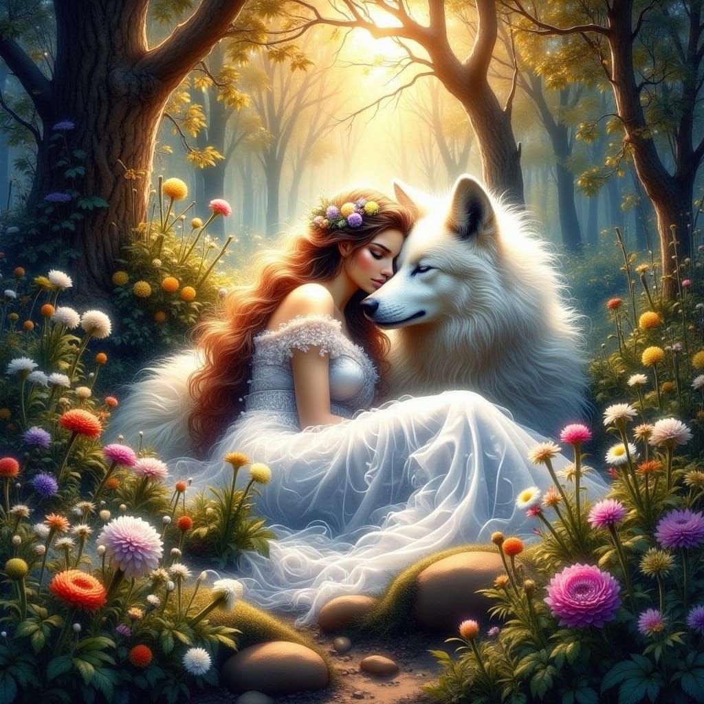 Peaceful Nymph and White Wolf Slumber Together in Enchanted...