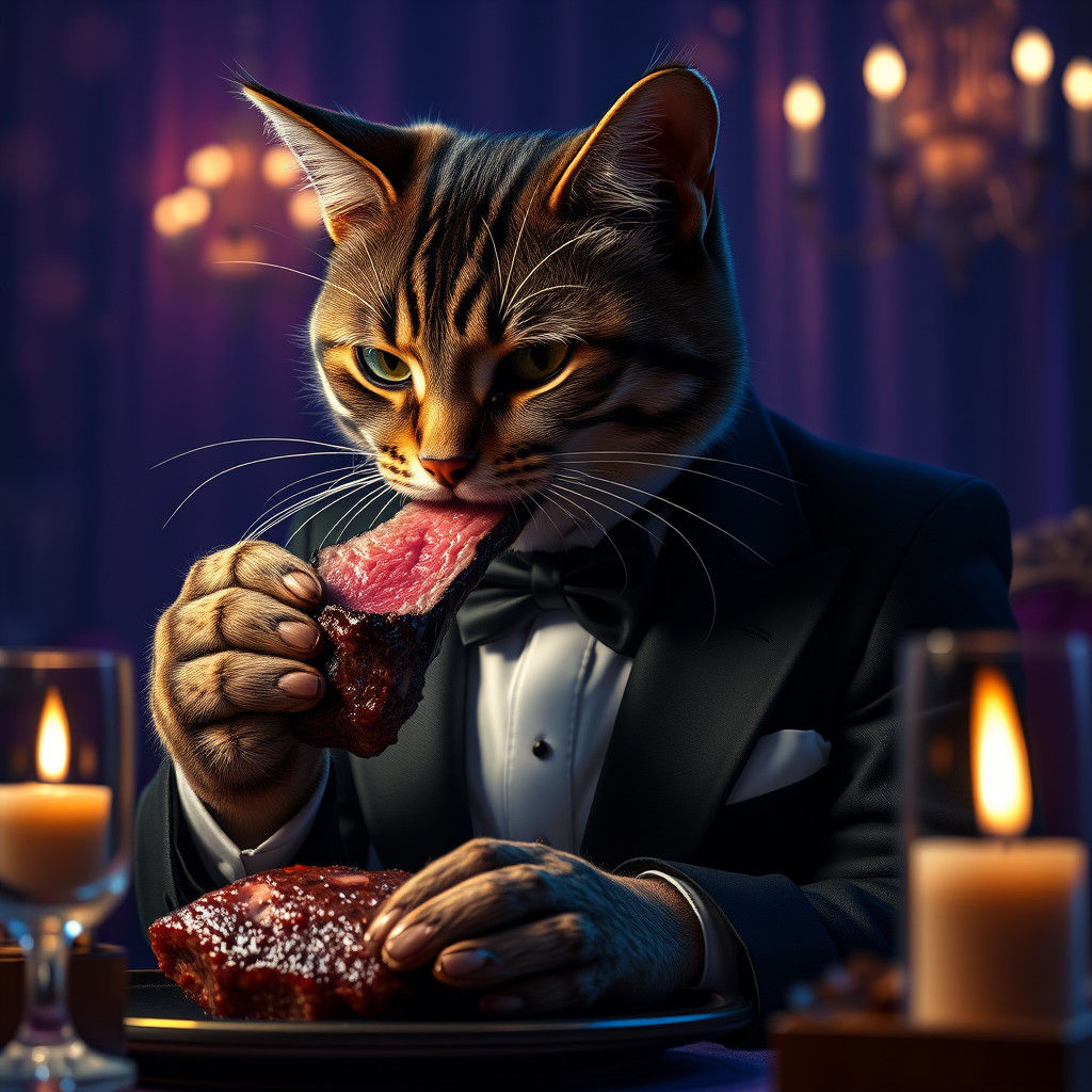 Cat in Tuxedo Dining: Opulent Dreamscape