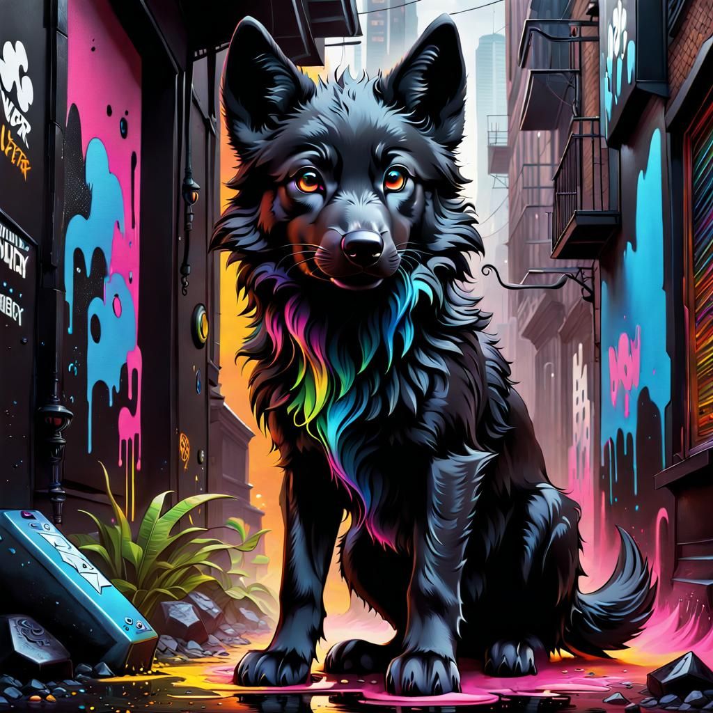 Dramatic Black Wolf Puppy Graffiti Art