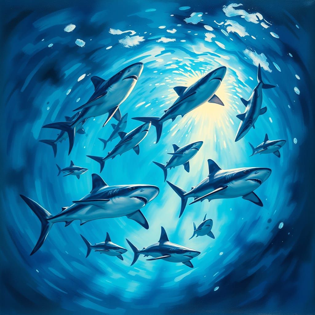 Majestic Sharks in an Impressionist Oceanic Masterpiece