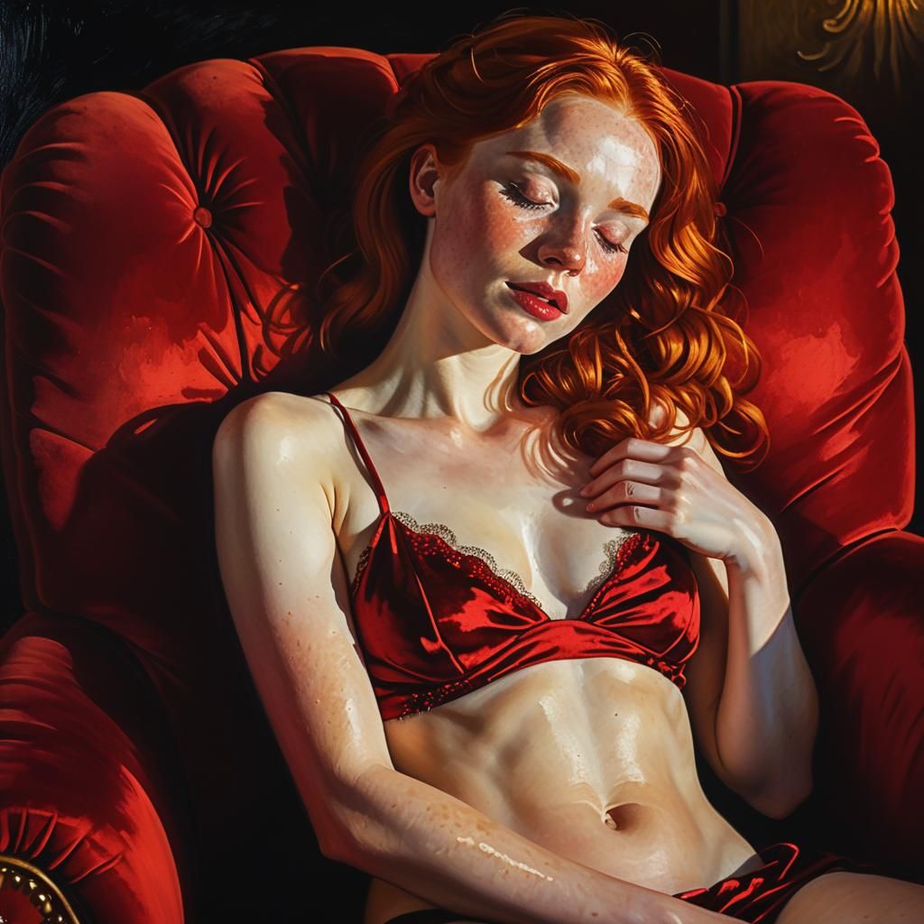 Sensual Redhead in Velvet Armchair as Impasto Painting