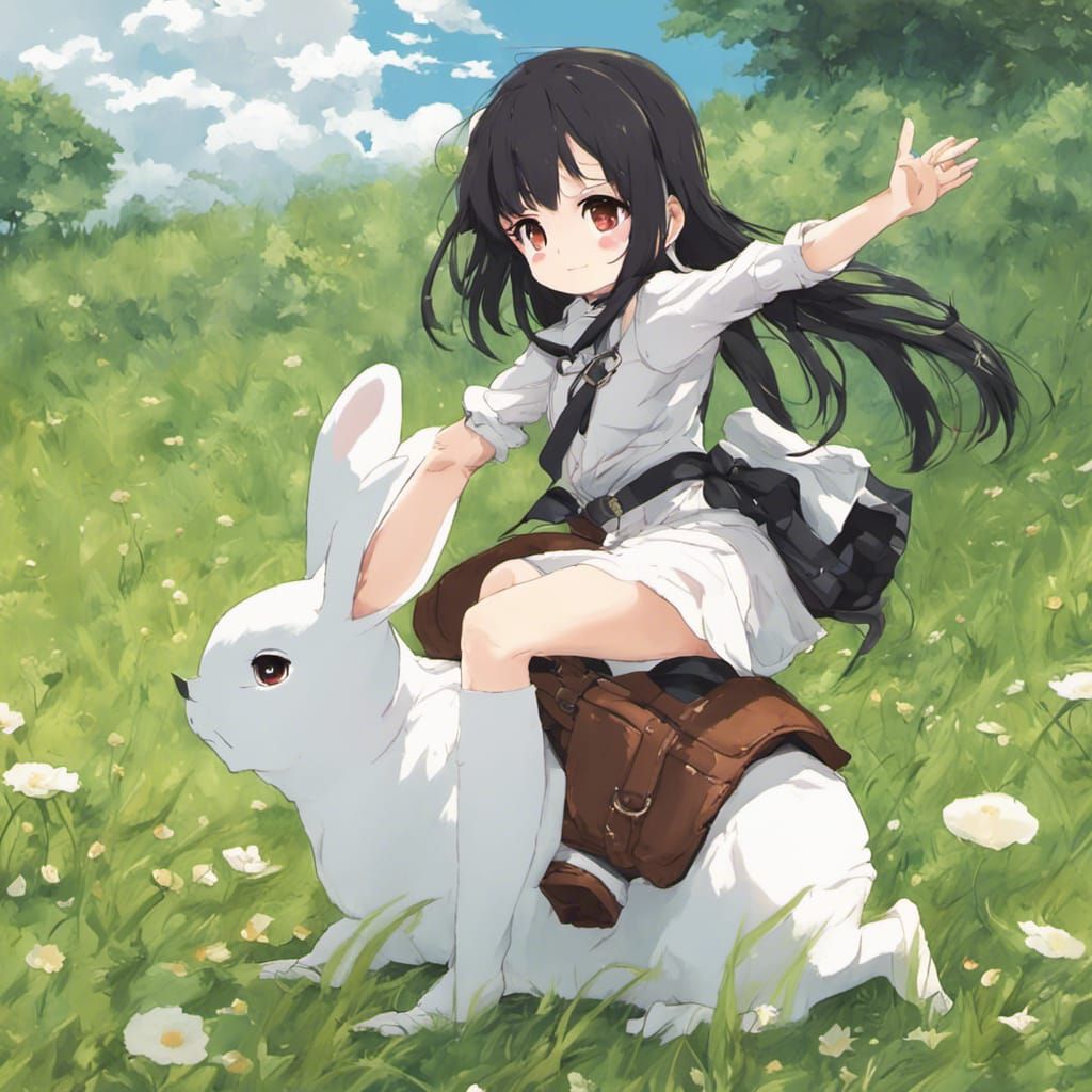 Chibi Girl Rides a Big Rabbit in Anime Style