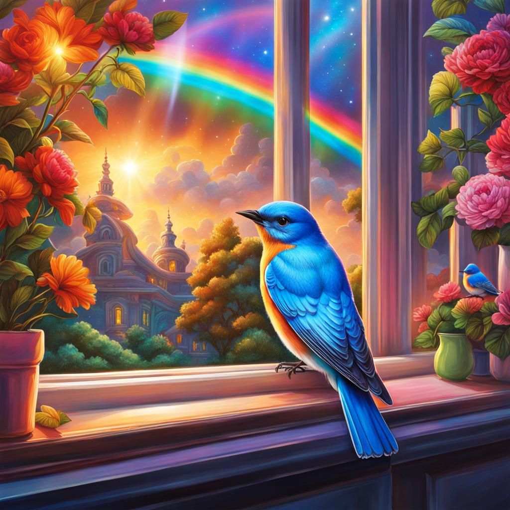 Astral Bluebird and Rainbow Holographic Illustration