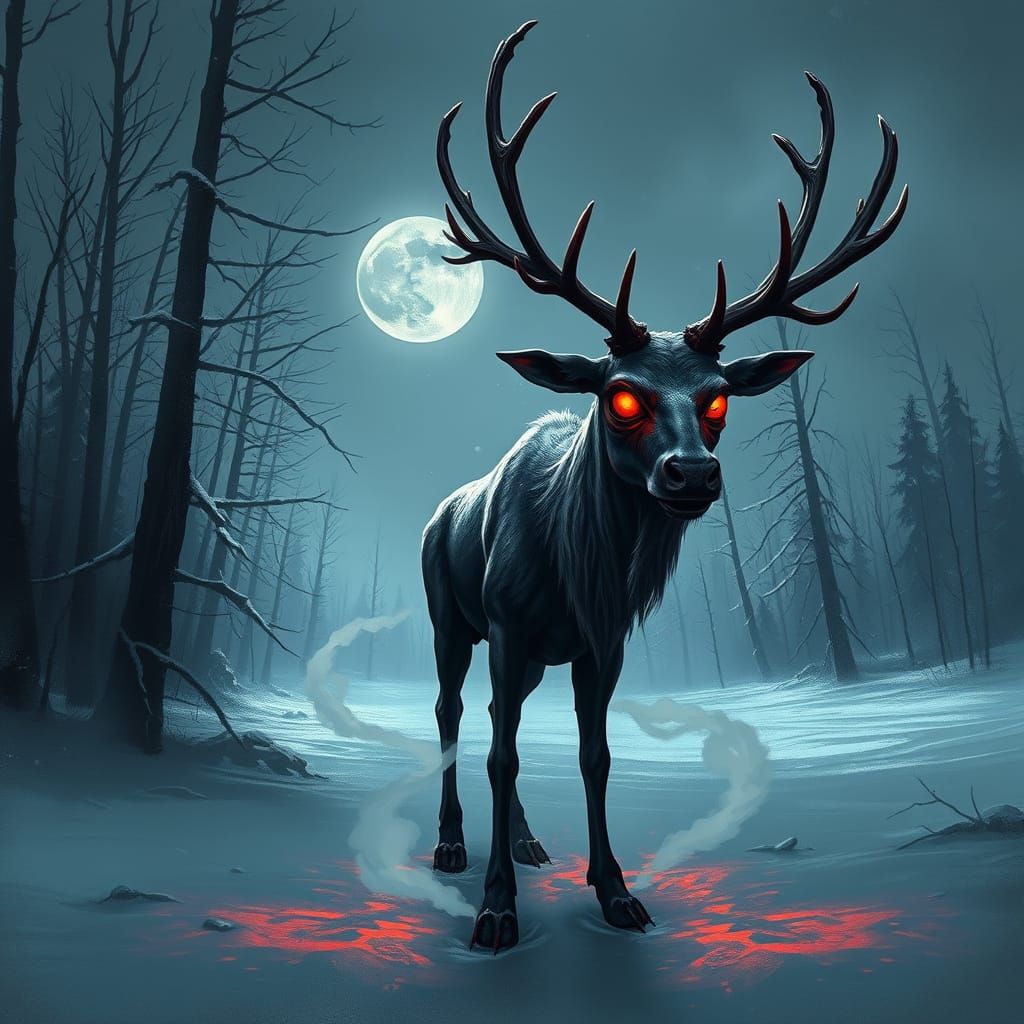 Zombie Reindeer Stares Menacingly in Dark Forest