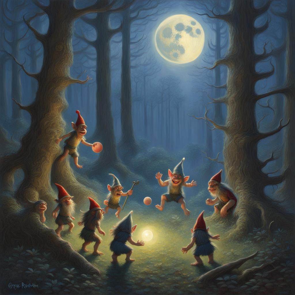 Gnomes and Trolls Play Ball in Forest at Night