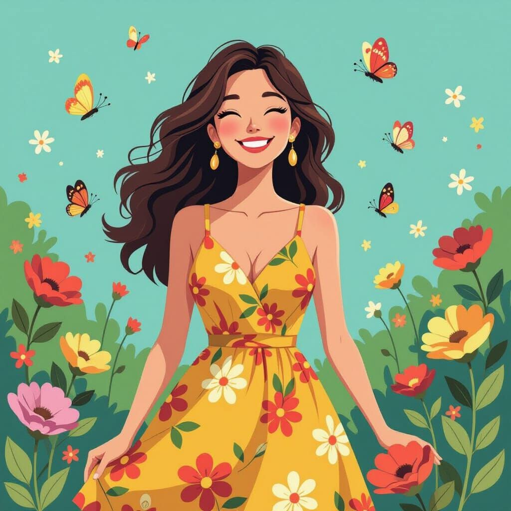 Smiling Woman Surrounded by Flowers in 2D Cartoon Style
