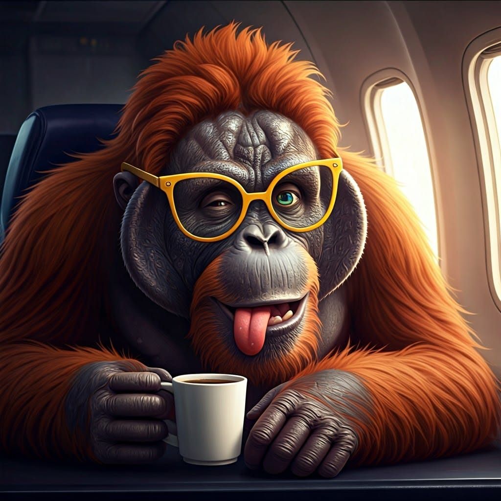 Imagine the photo of a winking orangutan with bulgy eyeballs and tongue, wearing yellow eyeglasses, sitting inside an ai...