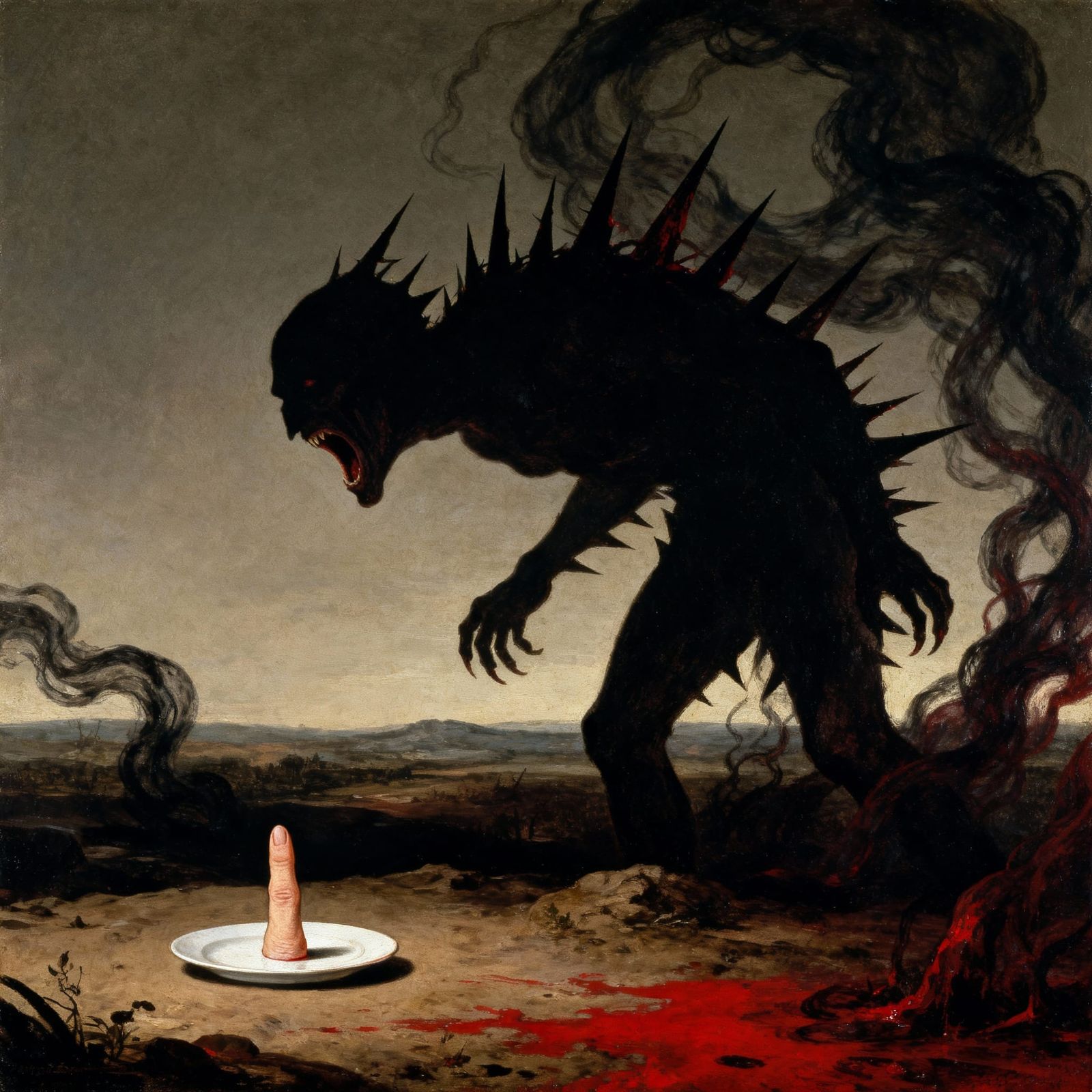 Grotesque Figure Personifying Slander in Goya-Bosch Style