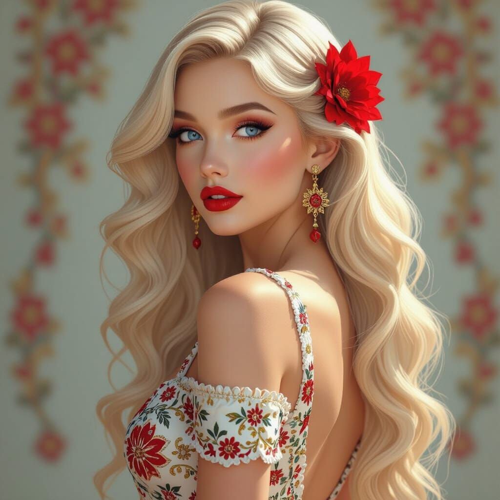 Blonde Girl in Silk Dress: 3D Digital Art