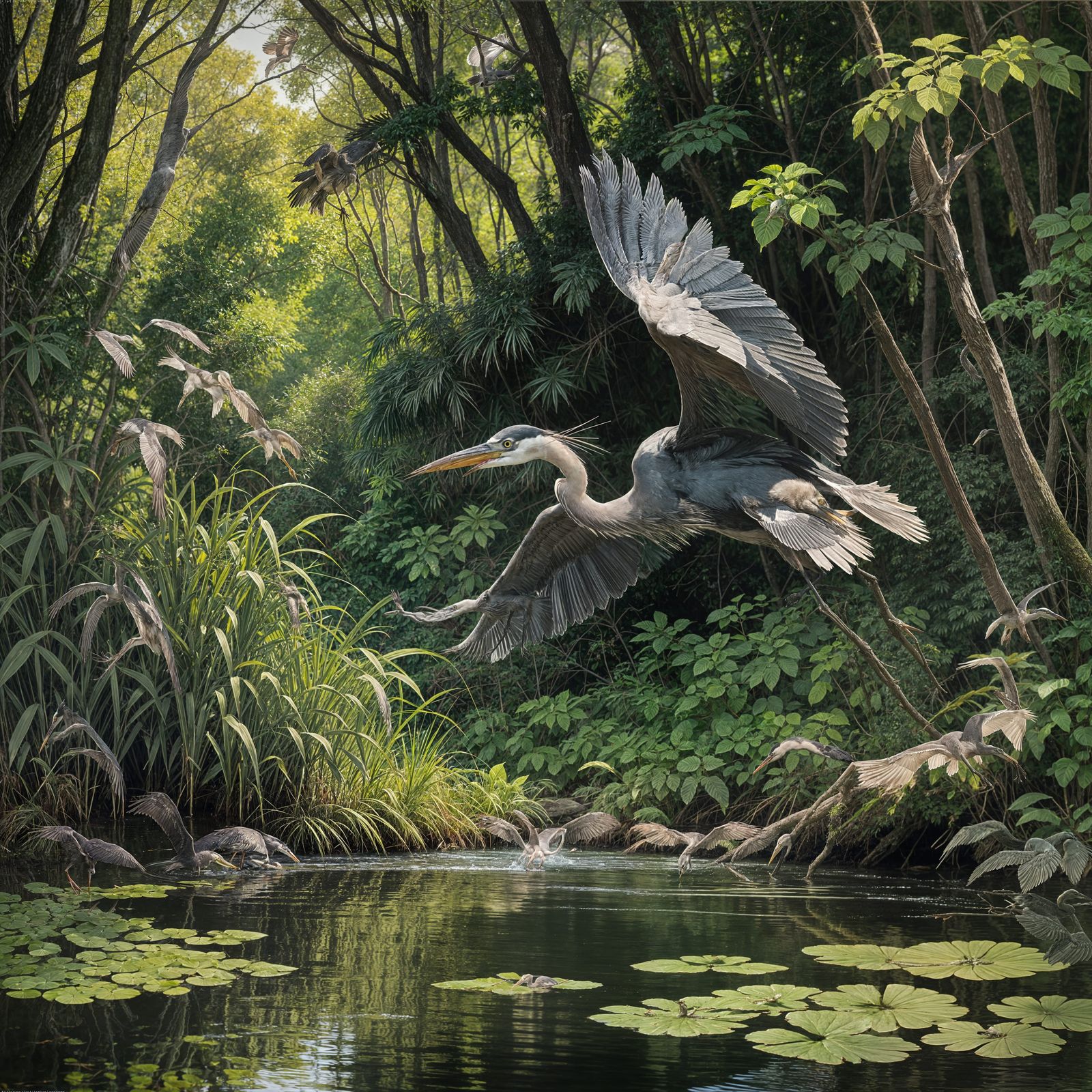 Heron in Mid-Dive, Water Splash, Aquatic Vegetation