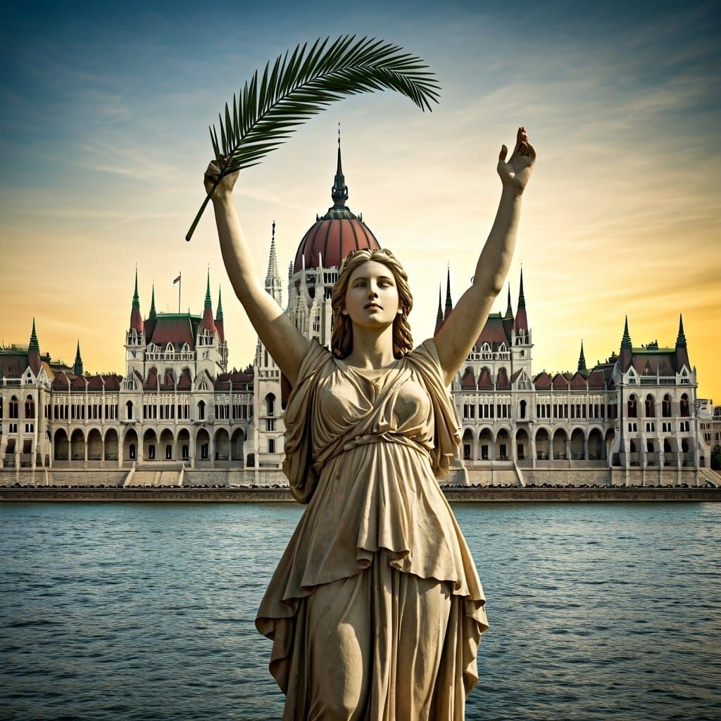 Elegant Woman with Palm Branch in Budapest Sunset