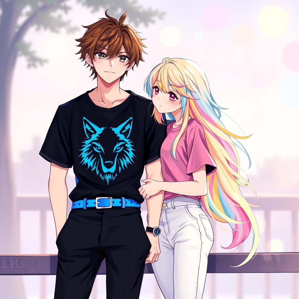 Romantic Anime Couple in Pastel Hues and Neon Accents